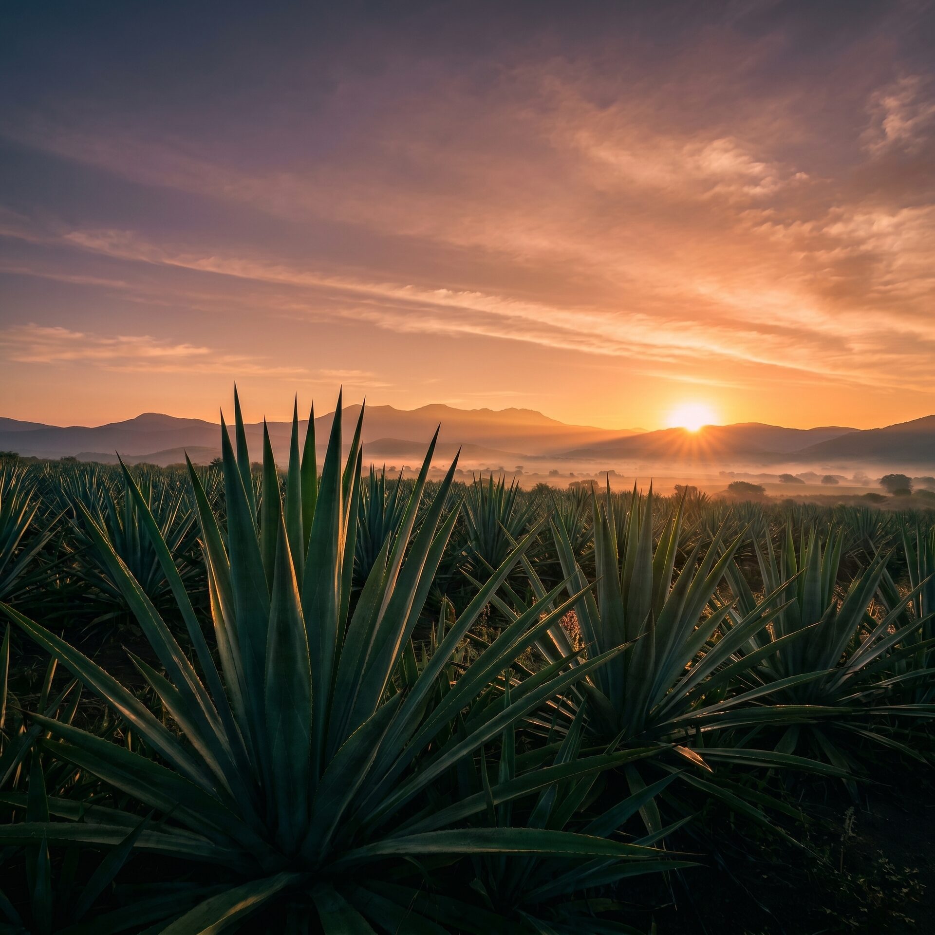 Wild agave field in Michoacán at sunrise, deep emerald foreground silhouettes against a coral and rose-gold sky