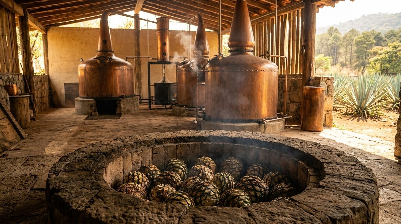 Distillery at sunset with copper stills, smoke, and roasting agave piñas