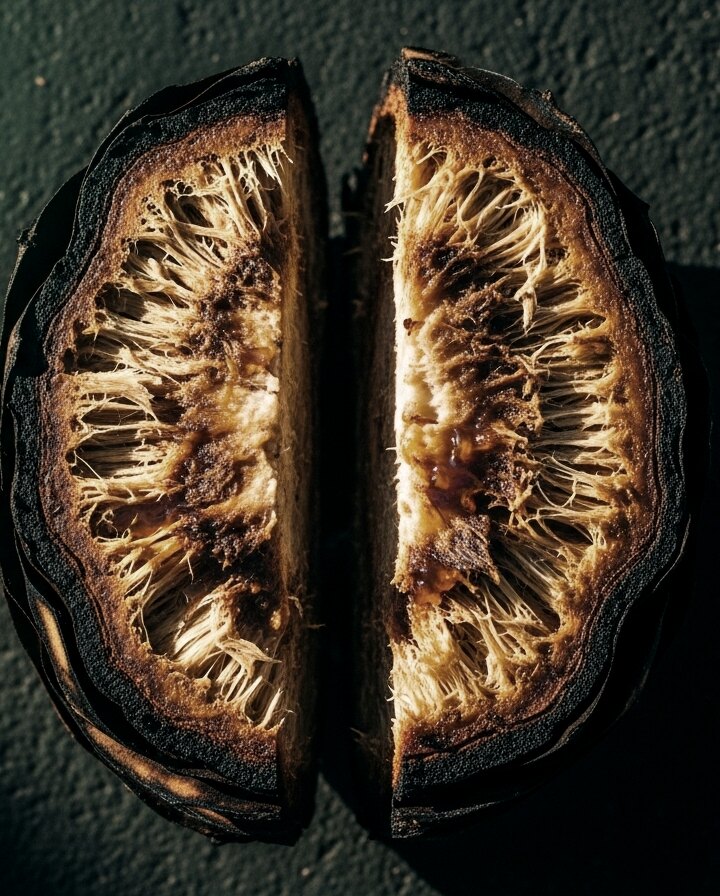 Piña de agave Cupreata cocida — close-up de las fibras doradas