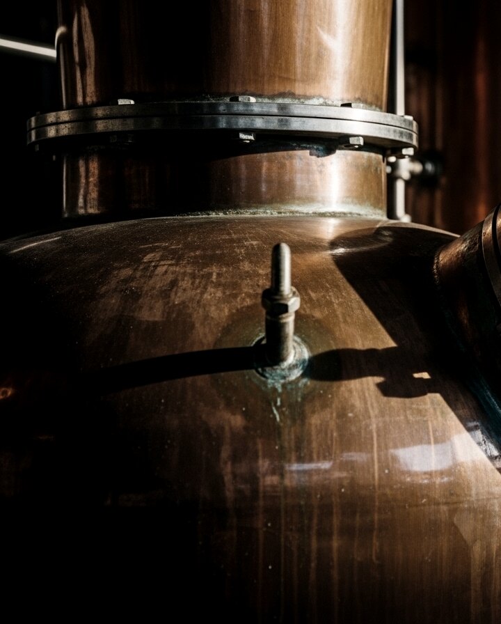 Alambique de cobre — destilación tradicional artesanal